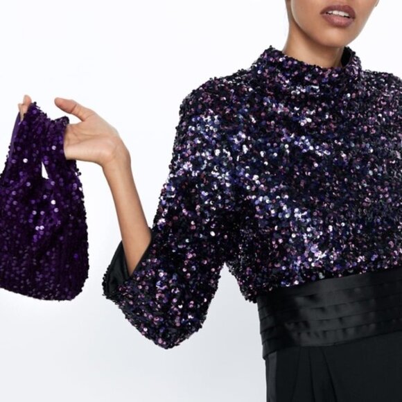 NWT Zara purple velvet sequin small bucket bag - Picture 2 of 8